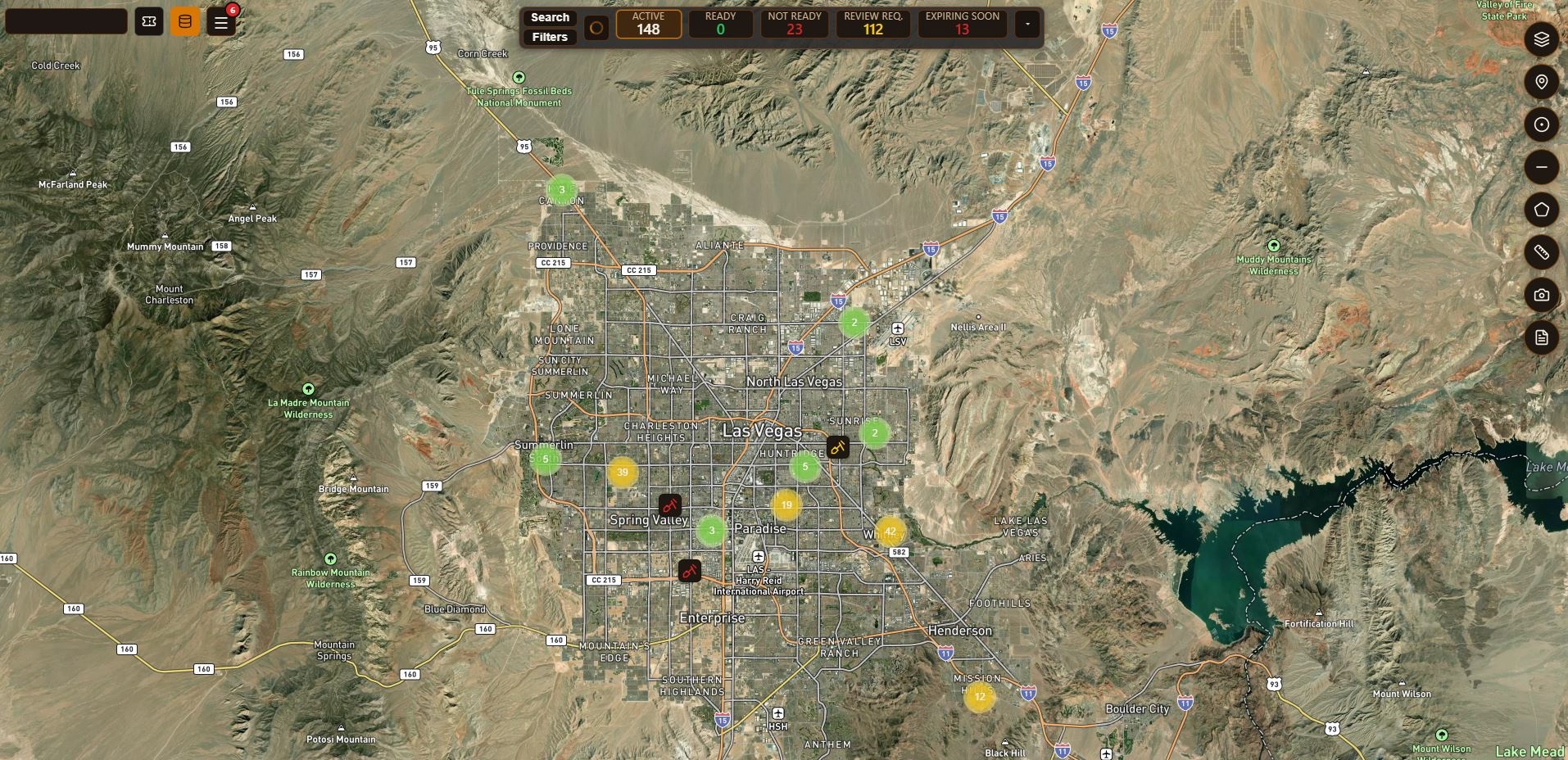 Ayo Werks map dashboard with ticket status filters, satellite view, and field tools